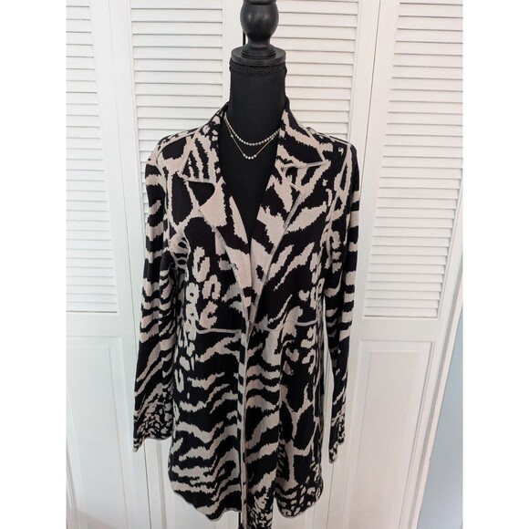 Simonton Says Sweater Womens M Open Front Jacket Beige Animal Print Tunic Classy - Picture 1 of 10